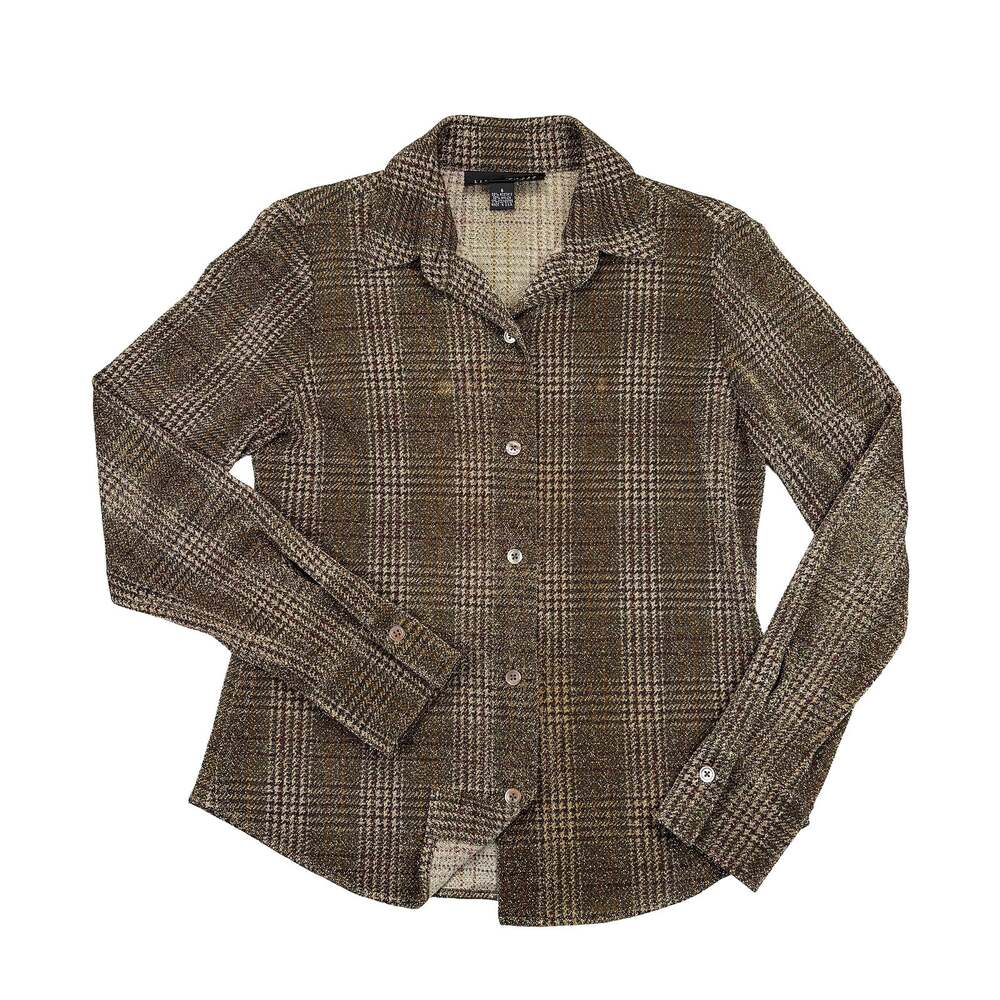 VTG 90s Metallic Plaid Shirt Women 6 Gold Brown Fitted Preppy Academic Holiday